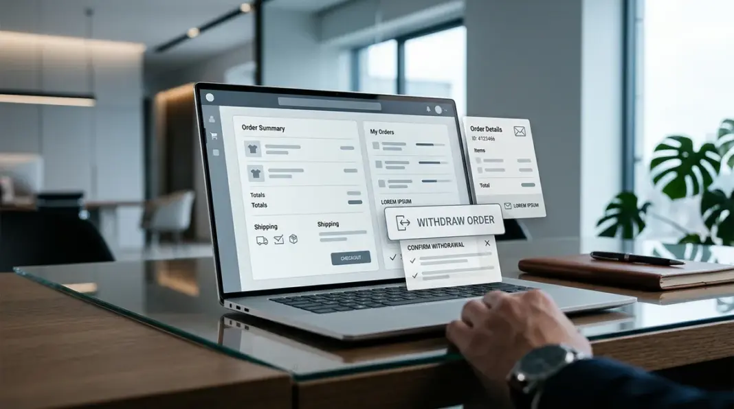 Moderner Online-Shop mit visualisiertem Widerrufsbutton und digitalem Bestätigungsprozess