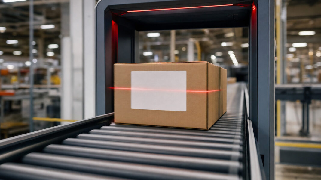 Paket fährt auf einem Förderband durch einen Scanner im Logistikzentrum Paket fährt auf einem Förderband durch einen Scanner im Logistikzentrum