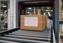 Paket fährt auf einem Förderband durch einen Scanner im Logistikzentrum