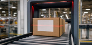 Paket fährt auf einem Förderband durch einen Scanner im Logistikzentrum