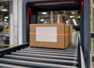 Paket fährt auf einem Förderband durch einen Scanner im Logistikzentrum