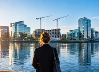 Eine Frau steht von hinten am Ufer der Liffey in Dublin, gegenüber Glasbürotürme und zwei Baukräne der Docklands im Morgenlicht (Symbolbild, mit KI erzeugt)
