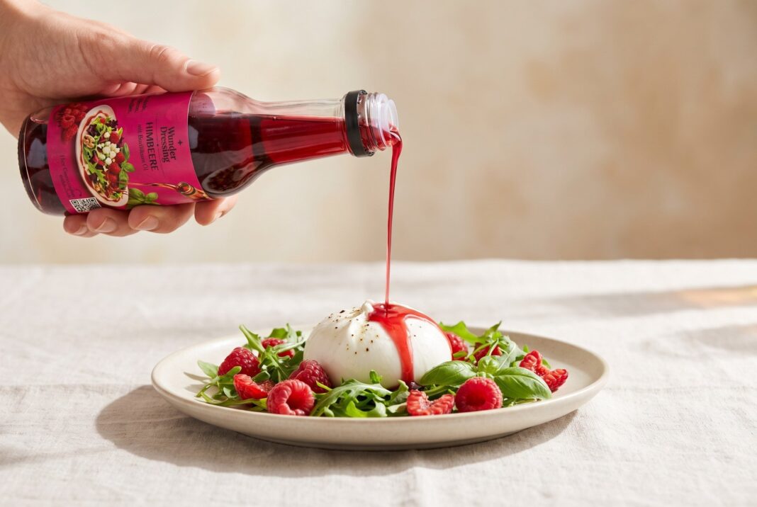 Himbeer-Dressing von Wunderdressing wird aus der Flasche über Burrata mit Himbeeren und Rucola gegossen