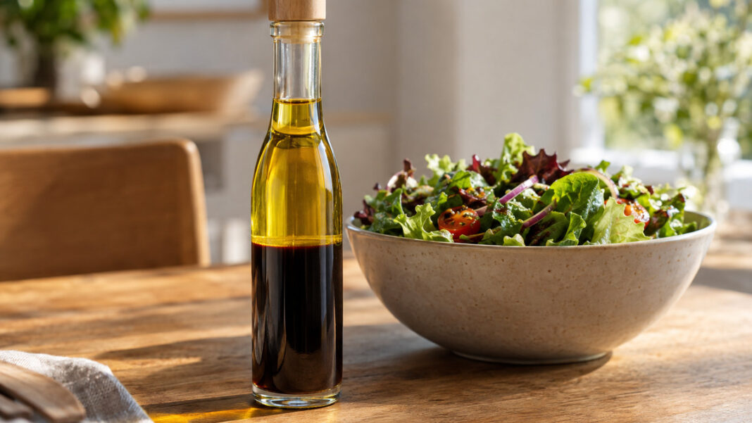 Glasflasche mit zwei getrennten Schichten neben einer Schüssel Blattsalat auf einem Holztisch