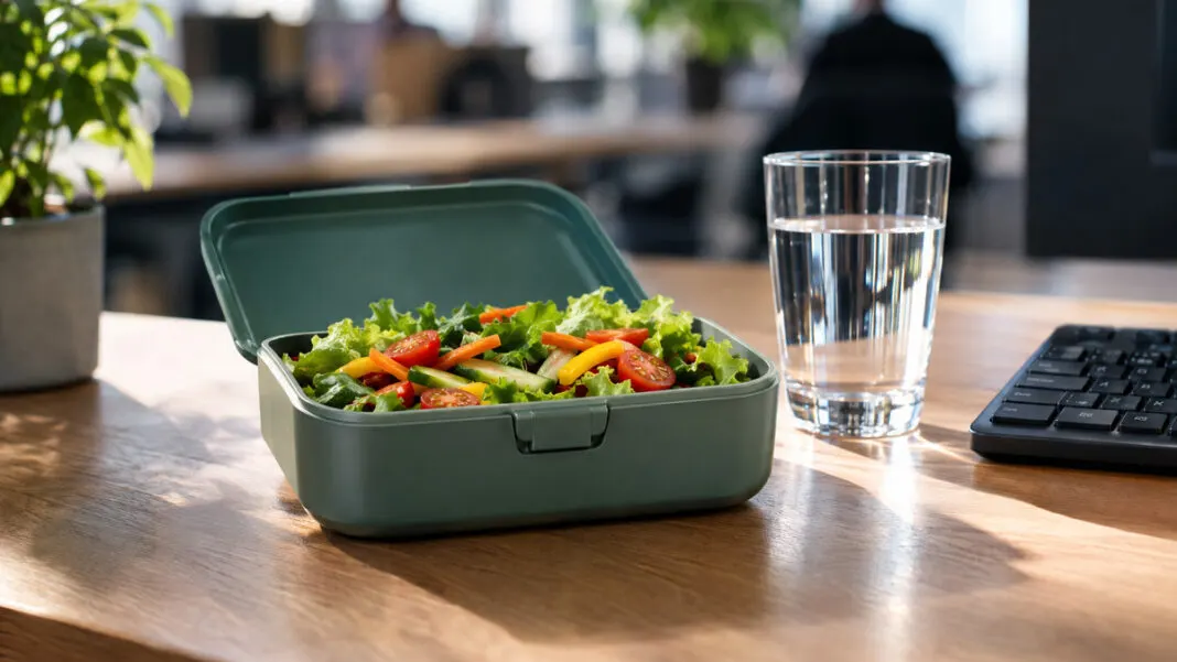 Geöffnete Lunchbox mit Salat auf einem Schreibtisch neben einer Tastatur