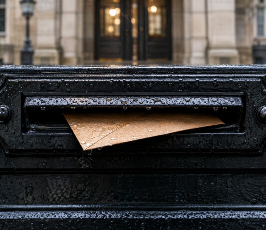 Ein schmaler brauner Umschlag steckt halb in einem gusseisernen Briefkastenschlitz, Regentropfen glänzen auf dem schwarz lackierten Metall