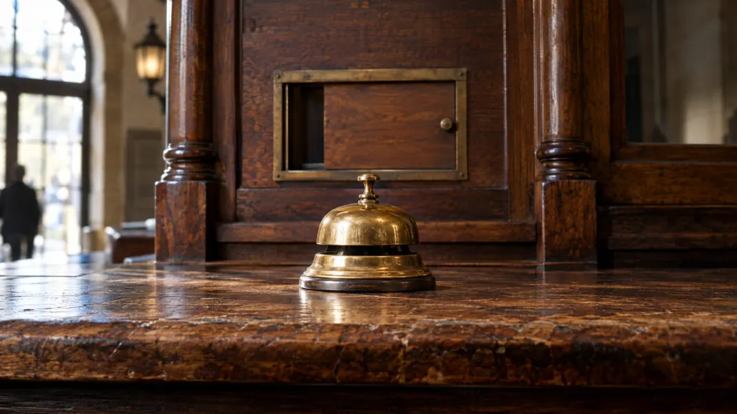 Eine Messingglocke auf einem Eichentresen vor einer geschlossenen Holzklappe mit Schiebefenster