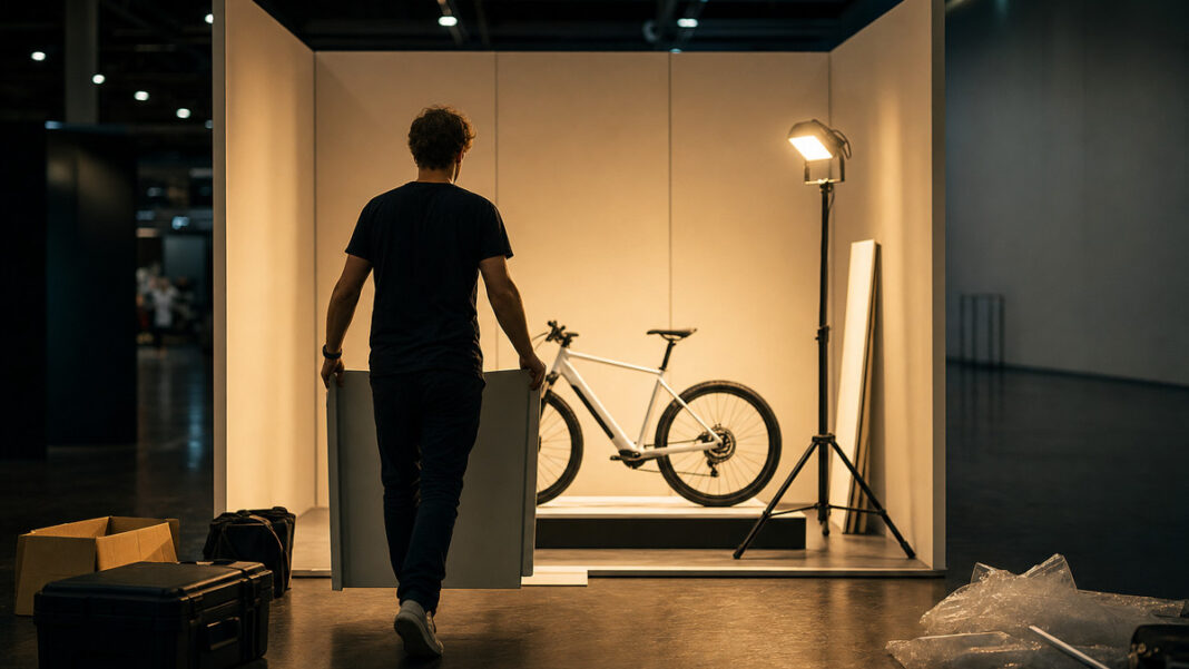 Gründer baut am Abend seinen kleinen Messestand mit E-Bike-Prototyp auf Gründer baut am Abend seinen kleinen Messestand mit E-Bike-Prototyp auf