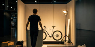 Gründer baut am Abend seinen kleinen Messestand mit E-Bike-Prototyp auf