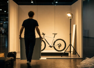 Gründer baut am Abend seinen kleinen Messestand mit E-Bike-Prototyp auf