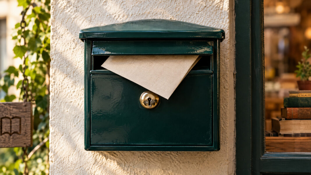 Zahlungserinnerung schreiben: Formulierung, Frist und Muster Ein cremefarbener Leinenumschlag steckt zur Hälfte in der Klappe eines emaillierten Wandbriefkastens, das Messingschloss blank gegriffen, weiches Morgenlicht von der Seite