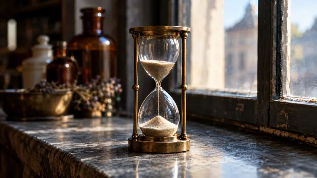 Sanduhr aus Messing und Glas auf einer Steinplatte, der Sand rieselt nach unten