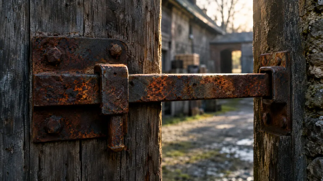Verrosteter Eisenriegel vor einer alten Holzpforte, halbnah aufgenommen